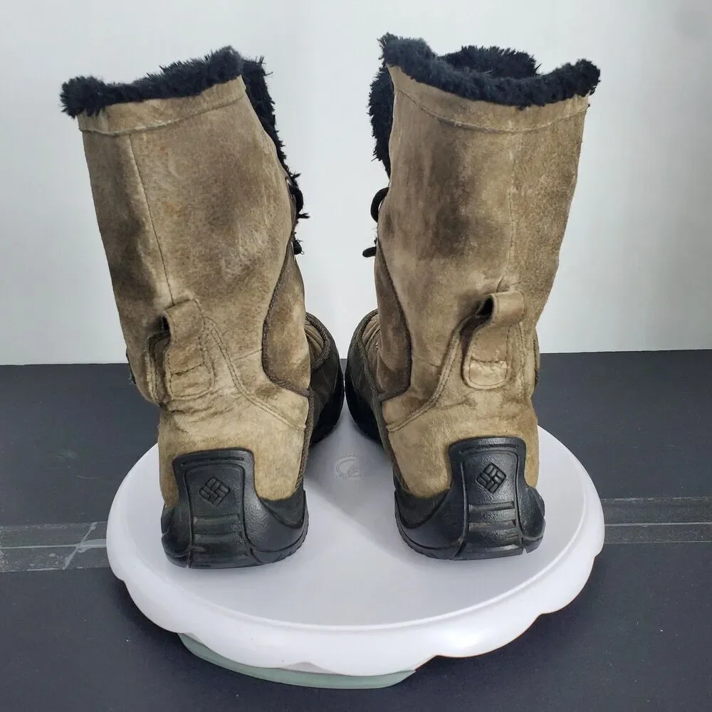 Columbia Boots Womens Size 7.5 Brown Suede Lace Up Faux Fur Omni-Grip Winter